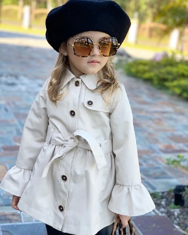 2-7T Infant Kids Baby Girl’s Solid Trench Coat Girl Fashion British Style Single-breasted Lapel Bandage Long-sleeved Autumn Coat