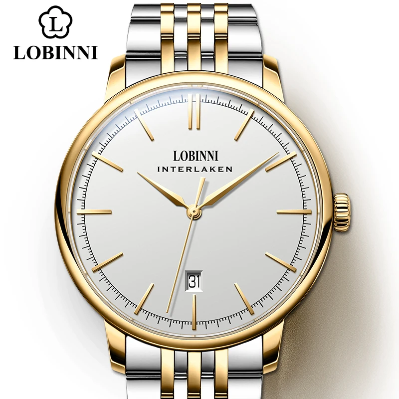 Gold-White LOBINNI Мужские часы Япония Citize автоматический самоветер лучший бренд модный дизайн сталь Бизнес Мужские механические наручные часы - Цвет: Gold-White