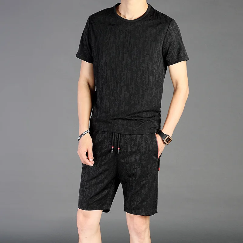 2019 Summer Sports Suit Men's Solid Color Men's Short Sleeved T-shirt Casual Set Shorts Sports Clothing Two-Piece Set