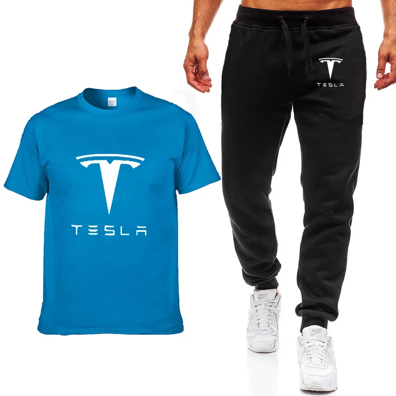 Модные летние мужские футболки Tesla с логотипом автомобиля, повседневная хлопковая футболка с коротким рукавом высокого качества, штаны, мужская одежда
