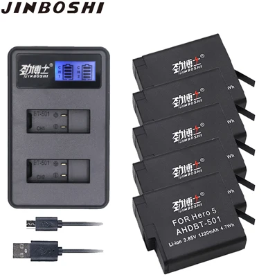 5X B and Charger 5 шт. AHDBT-501 AHDBT 501 аккумуляторная батарея с USB зарядным устройством для GoPro Hero 7 6 5 Черная Спортивная камера для Go Pro 7 аксессуары для экшн-камеры - Цвет: 5X B and Charger