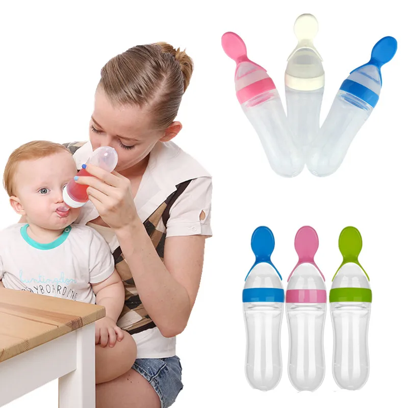 

90ML Baby Feeding Bottle with Tongue Pressing Type Lip Mouth Spoon Infant Training Milk Rice Paste Squeeze Feeder Tableware