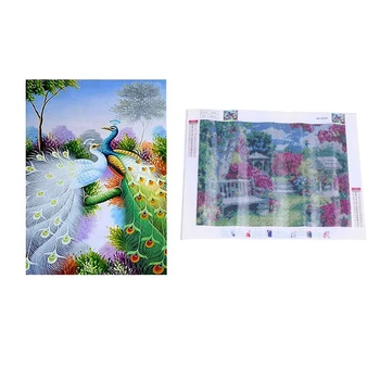 

2 Set Diy Diamond Painting Full Diamond Home Decor Gift - Round Diamond "Peacock" & Square Diamond "Landscape Garde"