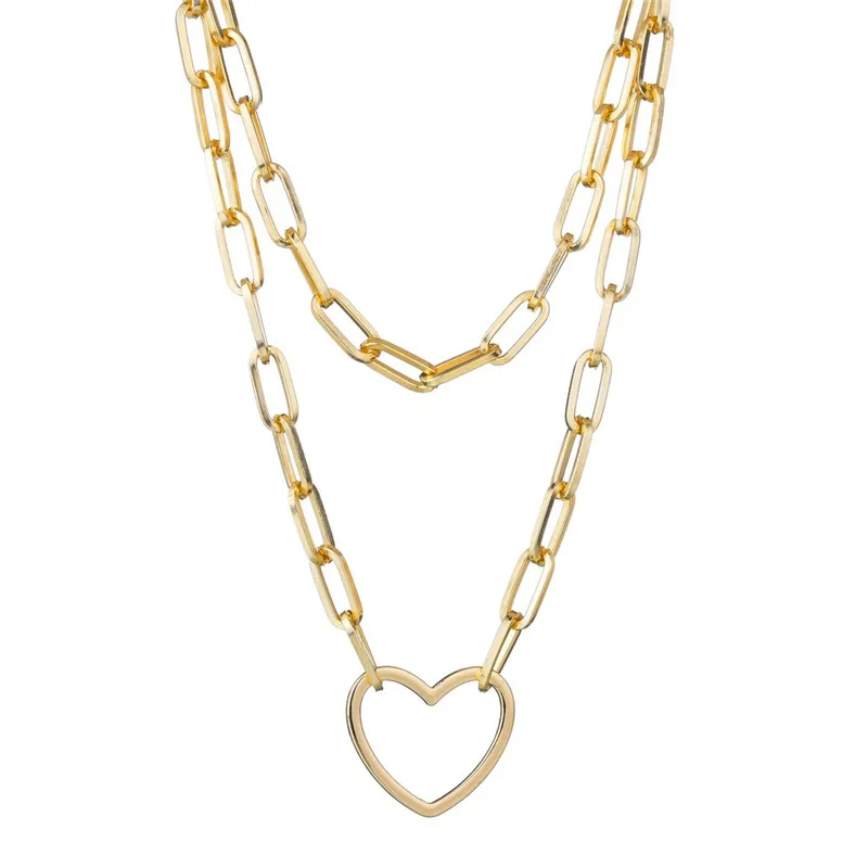 Двухслойное ожерелье в форме сердца с круглым замком, длинная цепочка под свитер в стиле панк, серебряное ожерелье с подвеской, женское модное готическое ювелирное изделие - Окраска металла: gold