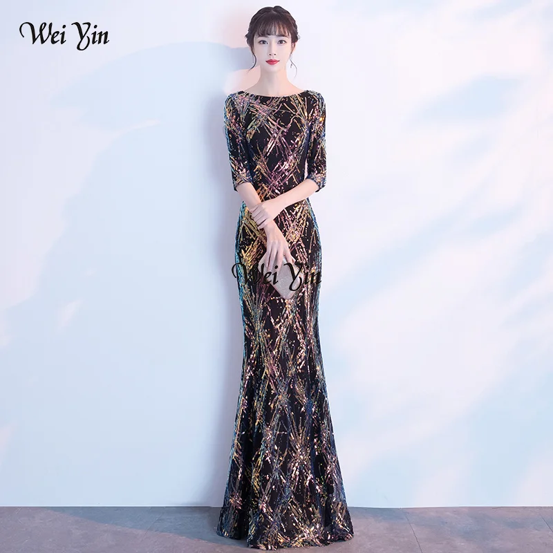 

wei yin AE0372 Elegant Long Evening Dresses Saudi Arabia Mermaid Sequined O Neck Mermaid Long Dress 2020 Party Gowns