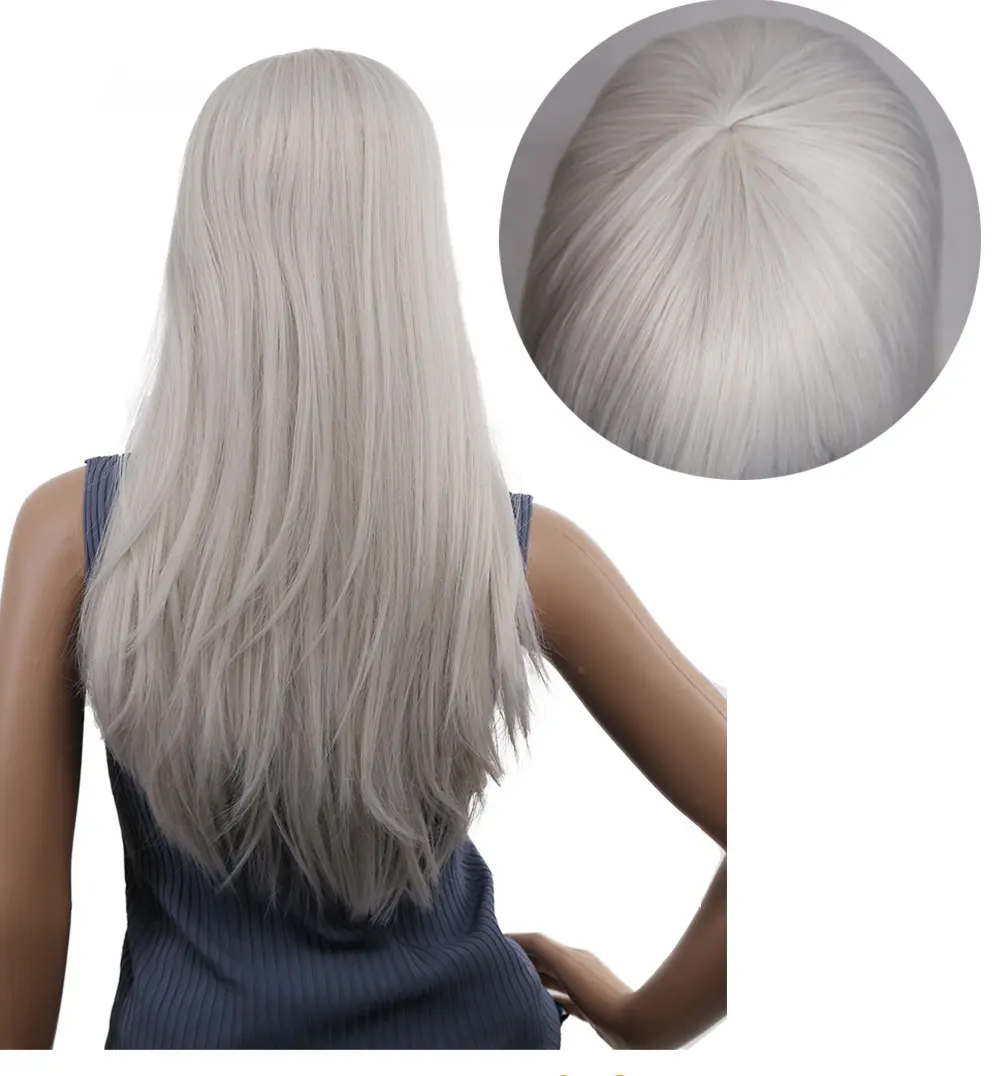 Longa para Perucas de Cabelo Feminino com Franja Festa de Halloween Amir Peruca Reta Sintético Branco Natural Olhando Cosplay Traje Perucas 5 High Quality Apliques e perucas