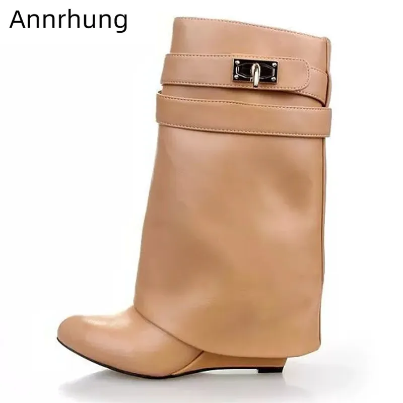 

Shark Lock Boots Women Fold-over Decor Belt Buckle Bottes Round Toe High Wedges Heel Botas Multy Colors Mid-calf Boots Women