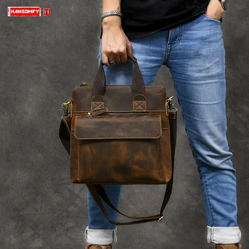 

Men's Handbags Men Shoulder Messenger Bag Male Genuine Leather Daily Durable Bags Style Cowhide Retro Crazy Horse Leather Soft