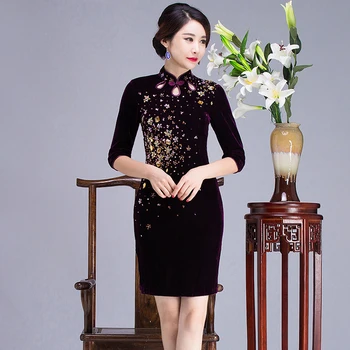 

Vintage Oversize 3XL Lady Purple Cheongsam Sexy Velvet Female Qipao Spring Autumn New Chinese Style Evening Party Dress Vestidos