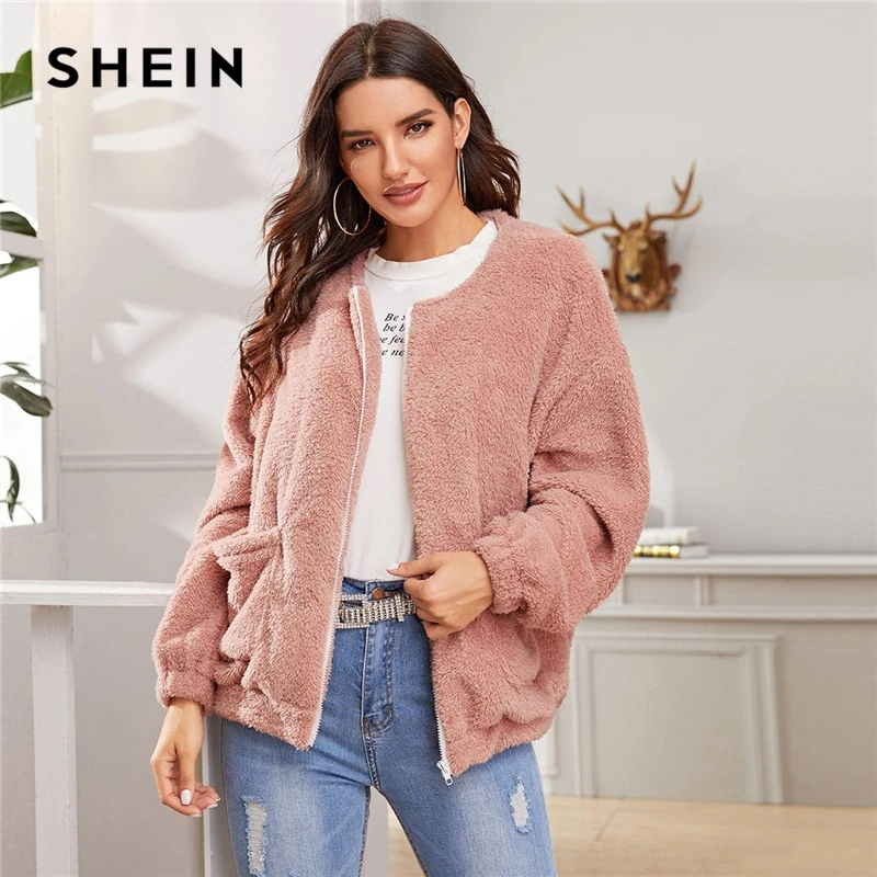 New SHEIN Pink Solid Zipper Front Casual Teddy Jacket Coat Women 2019 Winter Streetwear Long Sleeve Dou
