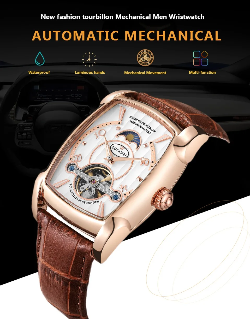Роскошные OYW модные автоматические мужские механические часы Tourbillon деловые часы Tonneau Форма кожаные Наручные часы Relojes Hombre