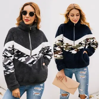 

2019 Women Autumn Winter Fleece Fluffy Pullover Camouflage Long Sleeve Zippered Turtleneck Oversized Hoodies Sweatshirt Outwear