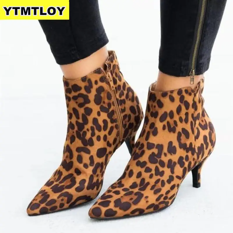 NEW 2020 Women's Ankle Boots Leopard Women Pointed Toe Ladies Chunky High heel Female Shoes Woman Footwear Plus Size 35-43 Snake