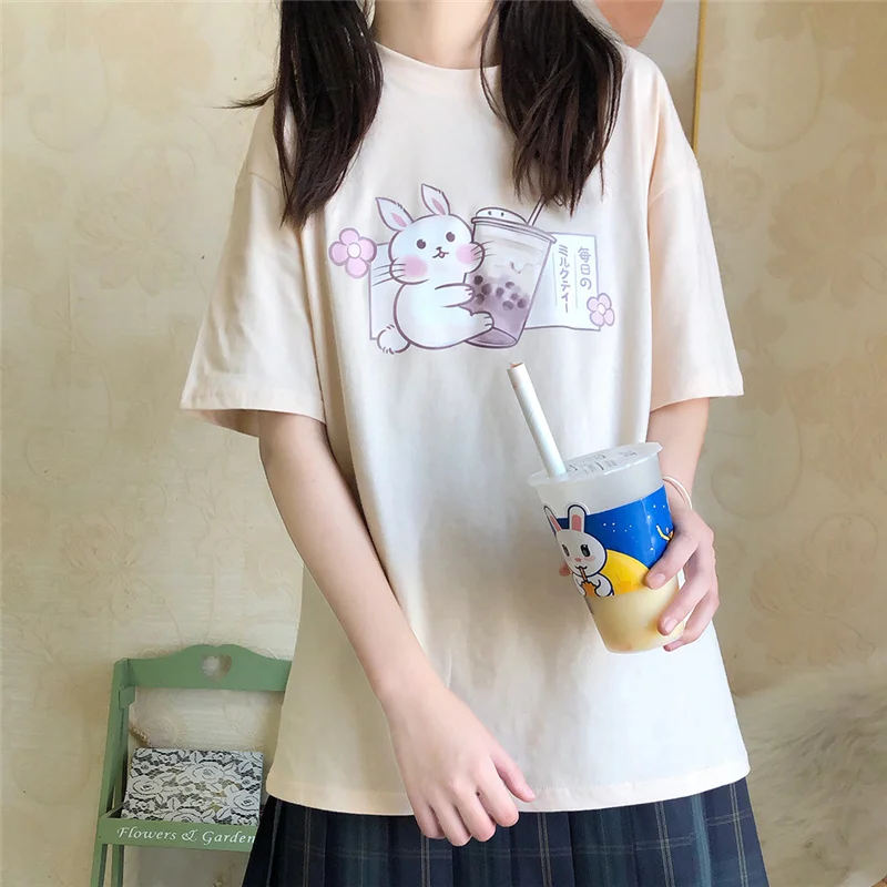 

Japanese Kawaii Fashion T-shirts Women 2021 Summer Soft Girls Tshirt Cute Bunny Anime Tops Female T Shirt Aesthetic Graphic Tees