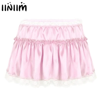 

Mens Adults Sissy Skirts Smooth Satin Elastic High Waist Lace Hem Short Frilly Ruffled A-line Costume Cosplay Micro Mini Skirt