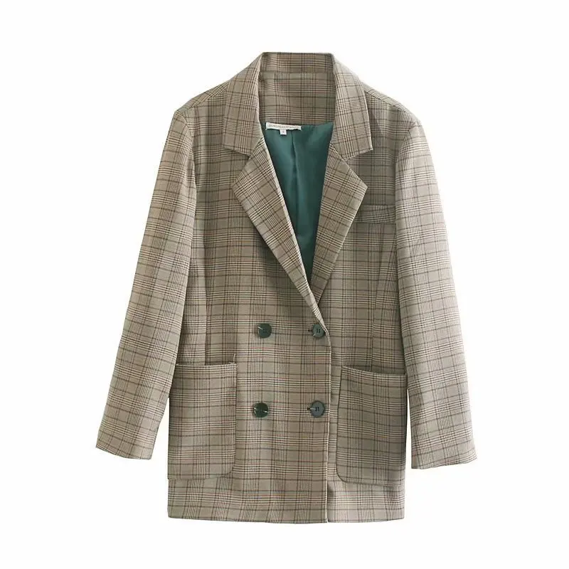 

03oz-1019 Europe And America 2019 Autumn New Style Loose-Fit Plaid Both Sides Pocket Double Breasted Suit Coat