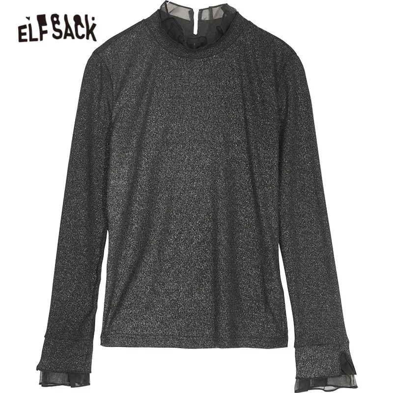 Женская Однотонная футболка ELFSACK черная Повседневная с оборками длинным рукавом