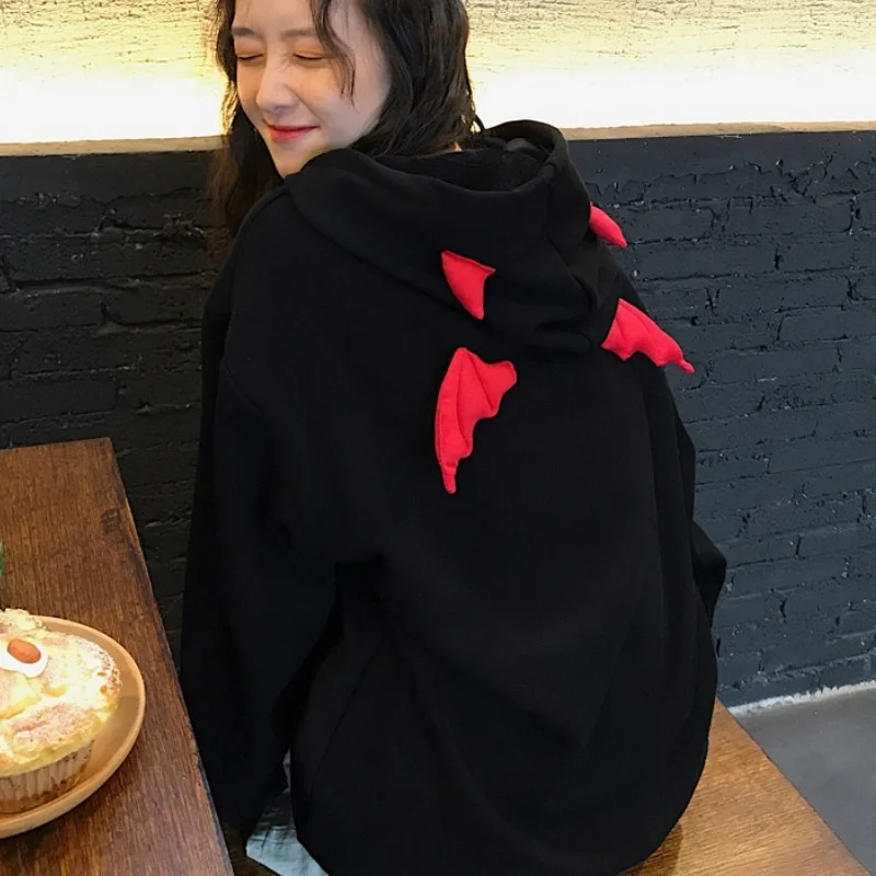 Женская толстовка с капюшоном Kawaii для девочек, Топ Harajuku, демон, крылья, панк, готика, черный BF, ленивый стиль, странная девушка, пальто, мода 904-B309