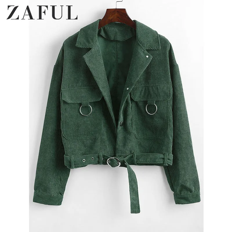 ZAFUL, на пуговицах, с поясом, одноцветная Вельветовая куртка, с карманами, с заниженным плечом, простая, с круглым кольцом, украшенная, женская, повседневная, осенняя куртка