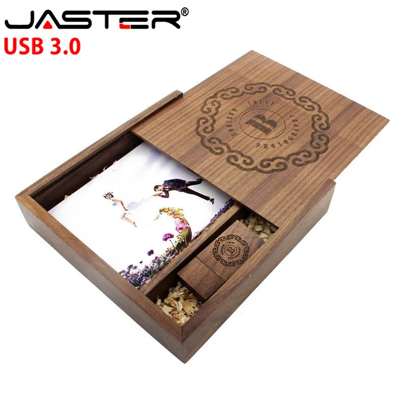JASTER с логотипом по индивидуальному заказу, деревянная USB 3,0 photo memory stick+ коробка usb flash drive 4 ГБ 8 ГБ 16 ГБ 32 ГБ 64 ГБ Флешка U диск свадебный подарок