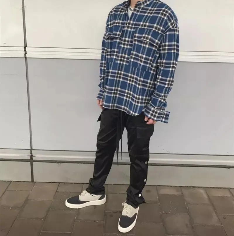 Клетчатая фланелевая рубашка в стиле хип-хоп с воротником-стойкой, рубашки с длинными рукавами и карманами в стиле Канье, уличная одежда