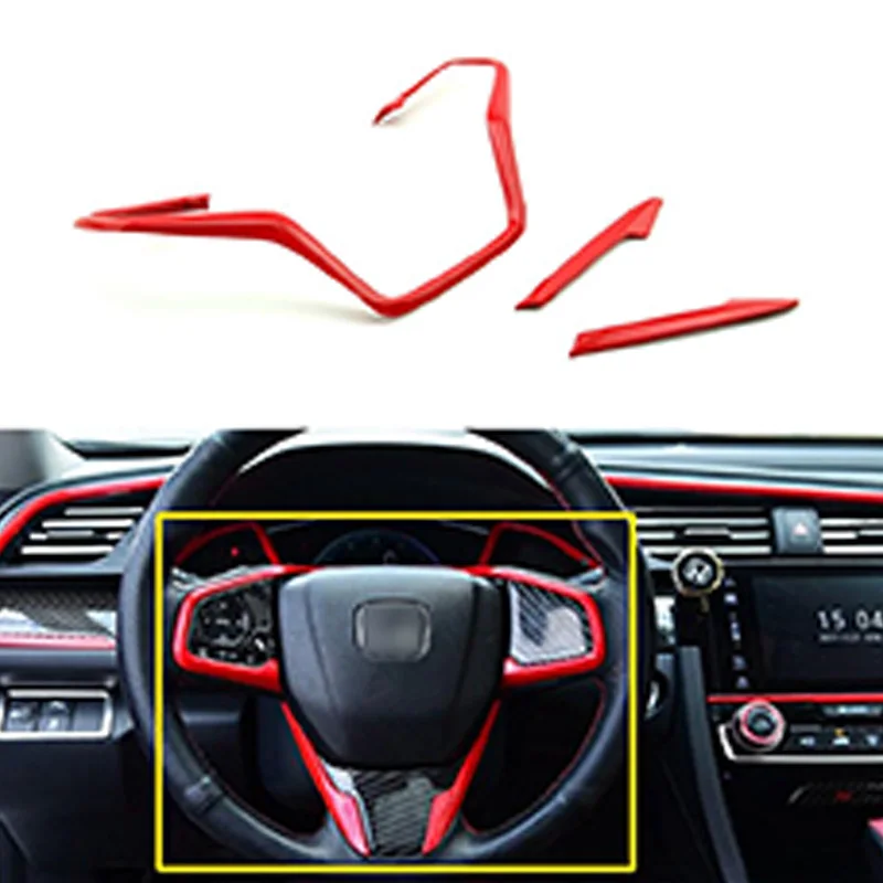 3Pcs Red Style Car Steering Wheel Frame Cover Trim Stickers Fit for Honda Civic 10Th