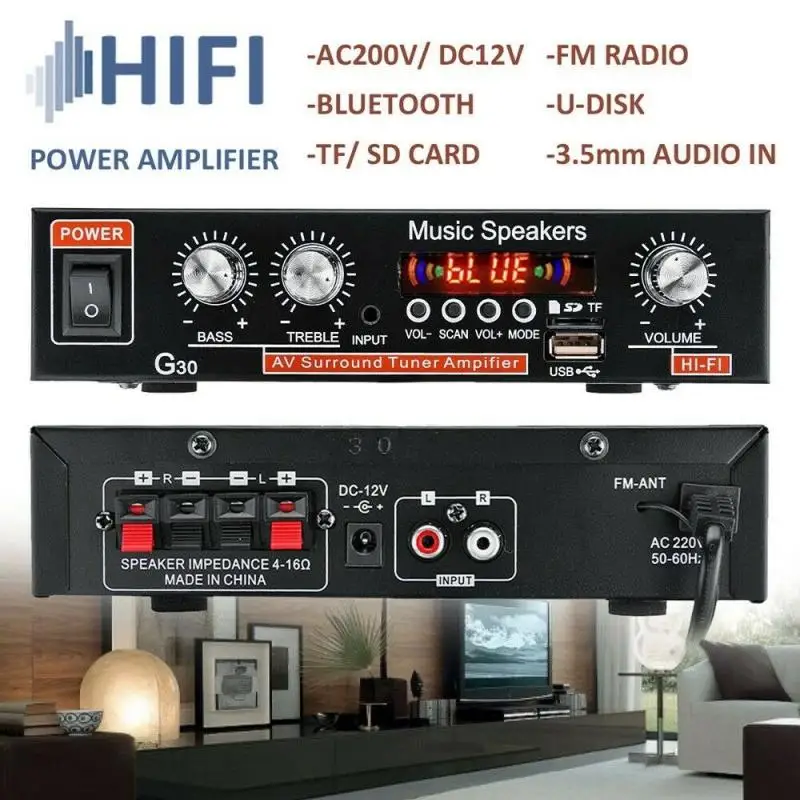 

Car&Home 220V/110V 12V Bluetooth 4.0 High Performance 2 Channels TF/U Disk/Remote Control/Power Amplifier FM Radio Auto