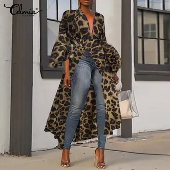 

Celmia Oversized Tunic Asymmetric Blouse Women Long Shirts Summer Leopard Sexy Split Party Tops Casual Lantern Sleeve Blusas 5XL