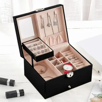 

Fashion Rings Leather Jewelry Storage Box 2 Layer Earrings Necklace Display Case Makeup Lipstick Storage Box