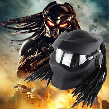 

Black Predator Helmet Motorcycle with Braids Iron Man Casque Custom Cascos Silver Visor Capacete Moto Helmet Predator Capacete