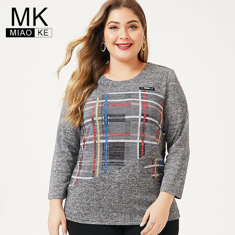 

MK 2019 autumn Plus Size womens Long sleeve Knitted Plaid t shirt fashion Ladies femal Vintage elegant tops and blouses