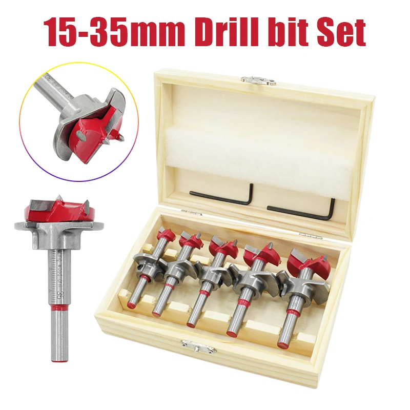 5pcs Diameter 15-35mm Adjustable Carbide Drill Bit Set Hinge Hole Opener Boring Bit Tipped Drilling Tool Woodworking Cutter newshark carbide hinge hole drill bit woodworking hole opener positioning drilling flat wing drill hinge reamer 15 20 25 30 35mm