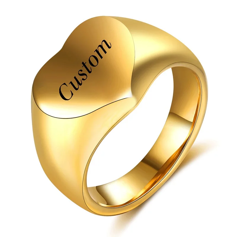 PVD 18k Gold Plated Chunky Stainless Steel Heart Signet Rings for Women Girls Fashion Jewelry Gift Waterproof 6