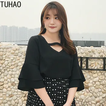 

Plus Size Shirts Elegant Office Lady Black Womens Tops and Blouses Casual Outerwear Female Clothes 4XL 3XL Loose Outerwear TA611