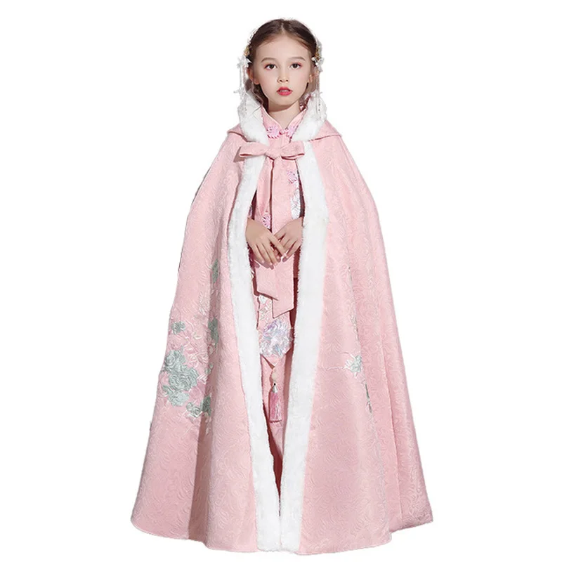 Hanfu/накидка для девочек; Новинка; длинный плащ с вышивкой в китайском стиле; детская Мантия в древнем стиле; детская одежда на год; сохраняющая тепло