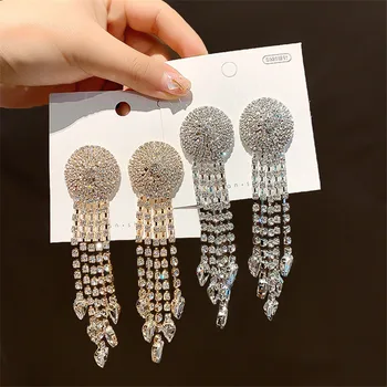 

FYUAN Round Full Rhinestone Drop Earrings for Women 2020 Long Tassel Geometric Crystal Dangle Earrings Statement Jewelry Gifts