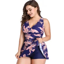 Plus Size Tankini Swimsuits Chubby Women Print High Waist Big Two Piece Cover Belly Swimwear with Skirt Swim dress Bathing Suit
