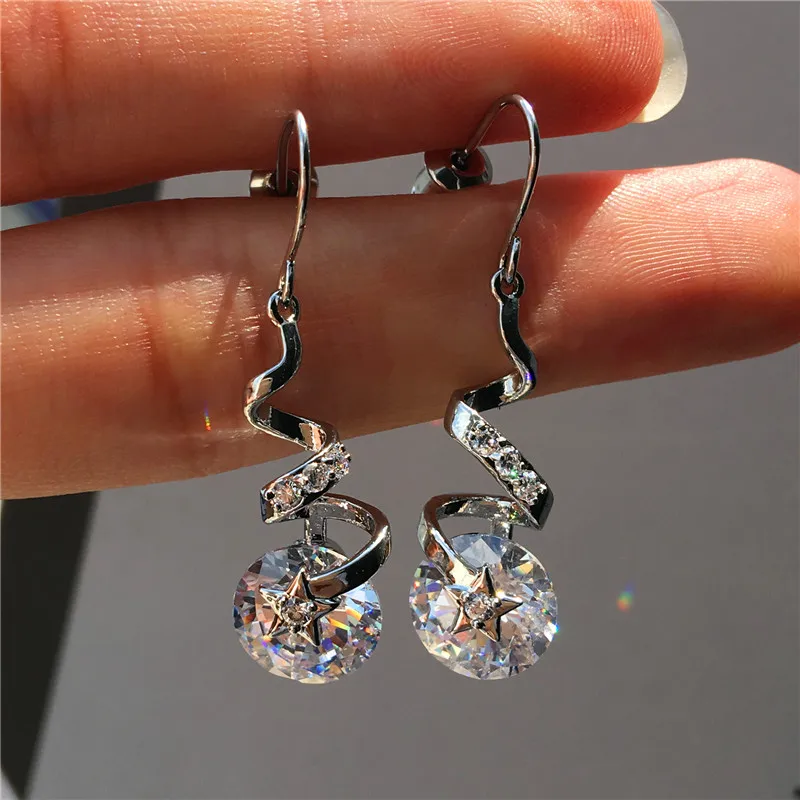 

Luxury Fashion Women Round & Star Drop Earrings Vintage 925 Silver Filled Wedding Jewelry Long Dangle Earrings