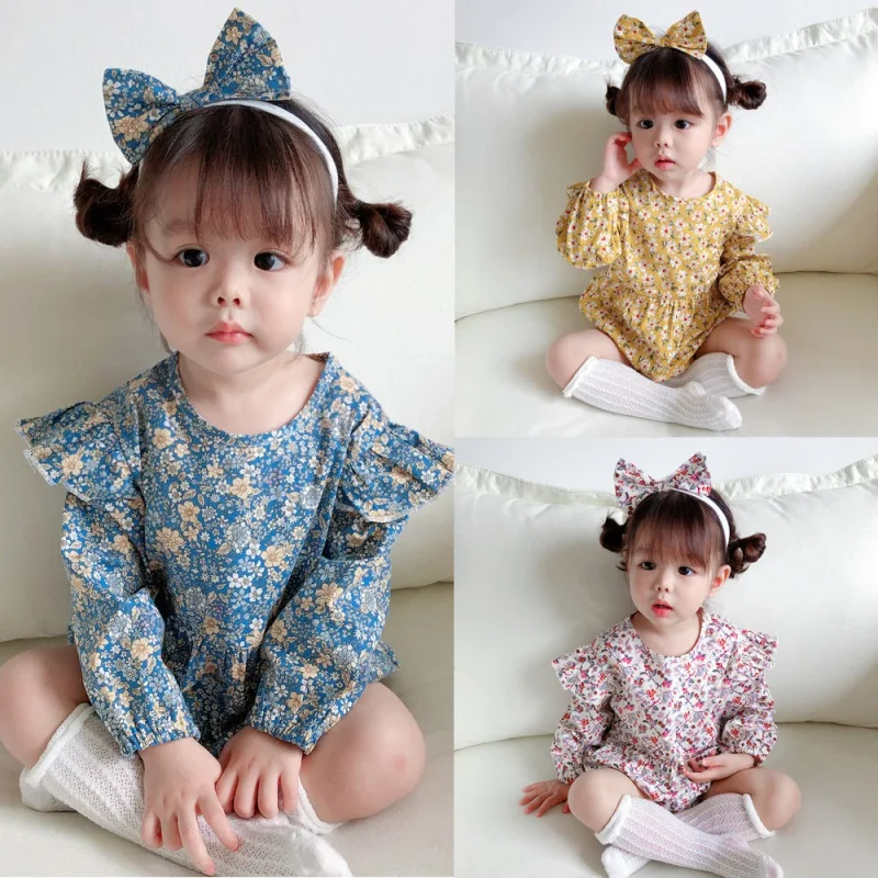 

Newborn Baby Fashion Cotton Bodysuit Kids Girl's Long Sleeve Floral Hip Suit Creeper + Hair Band Autumn New Arrive