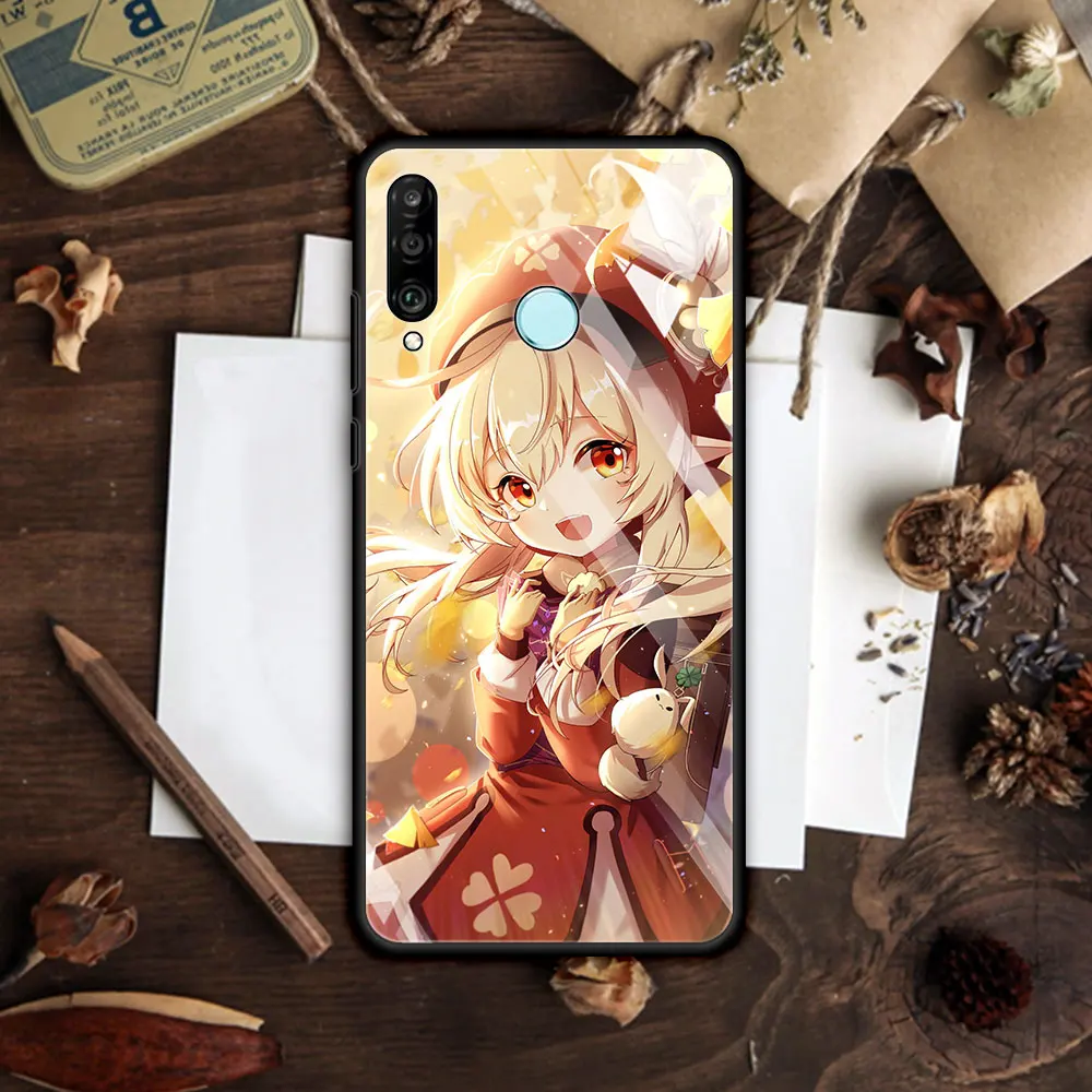 Glass Case for Huawei P30 Lite P40 Pro P Smart Z P20 Y7 Y9 Tempered Coque Y9a Honor 9X 20 Smartphone Housing Genshin Impact Cute