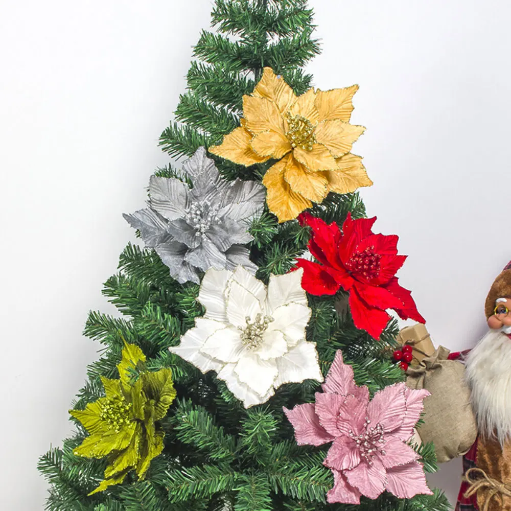 1pcs Xmas Flower Head Glitter Artificial Silk Flower Christmas Tree