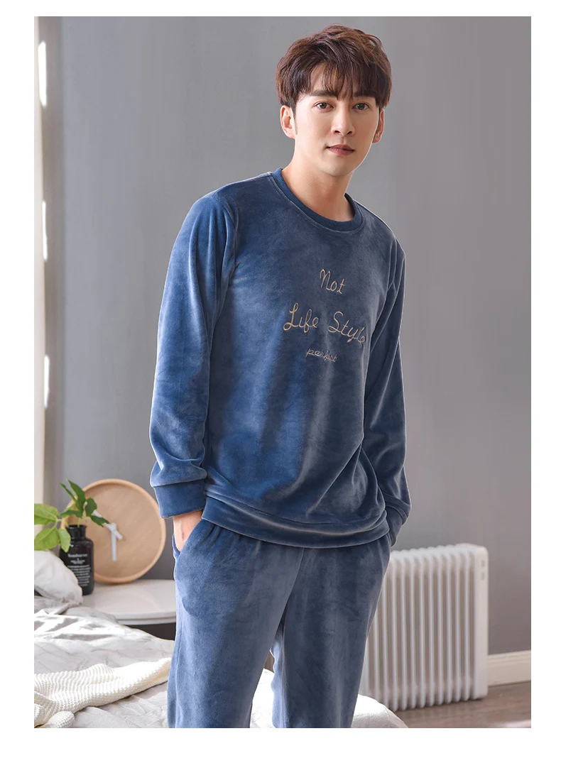 cotton pyjama set Fashion Autumn Winter Letter Pajamas Sets for Men Soft Island Fleece Male Sleepwear Big Yards M-3XL Home Wear Lounge Nightwear cotton loungewear