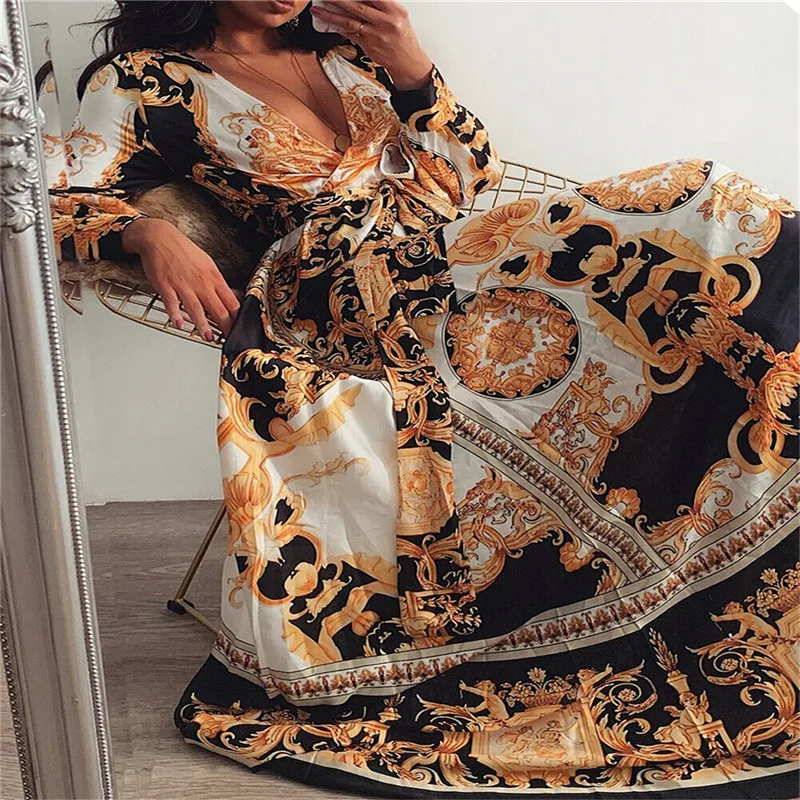 Summer Long Dress Floral Print Boho Beach Tunic Dress Maxi Dress Women V-neck Long Sleeve Party Chiffon Dress Sundress Vestito