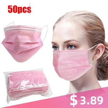 

50 Pcs Pink Disposable Face Mask 3-layer Non-woven Breathable Mask With Elastic Earband Breathable Adult Mouth Mask Unisex