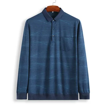 

Autumn Middle-aged And Elderly Men plus Size Length Sleeve T Shirt Plus Fat Extra Large Fat Loose Lapel Stripes T-shirt