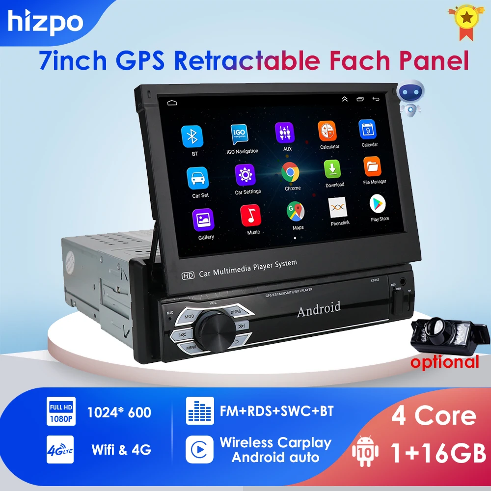 Universal 1Din Car Multimedia Player 7 Inch Anti-theft Reractable Face Panel Autoradio Stereo Video GPS WiFi Android Carplay RDS |
