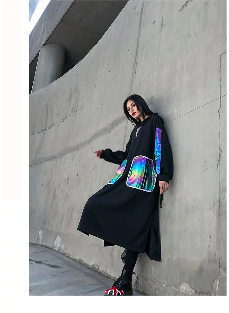 XITAO Tide Patchwork Bright Silk Pocket Dress Women Clothes Zipper Hooded Collar Full Sleeve Autumn and Winter New GCC2607