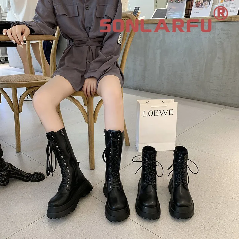 

SONLARFU Martin Boots Female British Style2020Autumn New Platform Motorcycle Boots Tide Mid-Calf Thin Boots