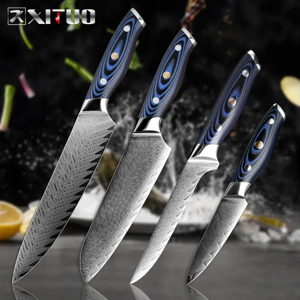 4 PCS Set XITUO нож шеф-повара Дамаск Профессиональный японский острый нож Sankotu нож для нарезания склеивания Многофункциональный кухонный нож Инструменты для домашнего приготовления - Цвет: 4 PCS Set