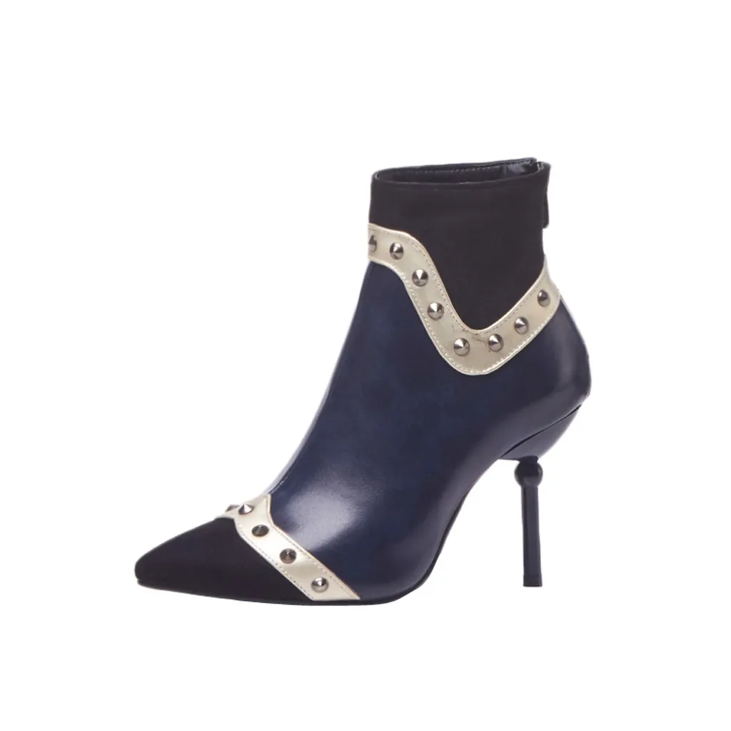 Синий Обувь; женские зимние ботинки; женская обувь; zapatos de mujer; женские модные короткие ботинки с вышивкой и металлическими украшениями; Уникальные ботильоны на высоком каблуке - Цвет: Синий